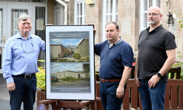 Graham Matthews, Morris Tait and Insch GP Dr Paul Davies unveiling their plans at the hospital. Picture by Kami Thomson