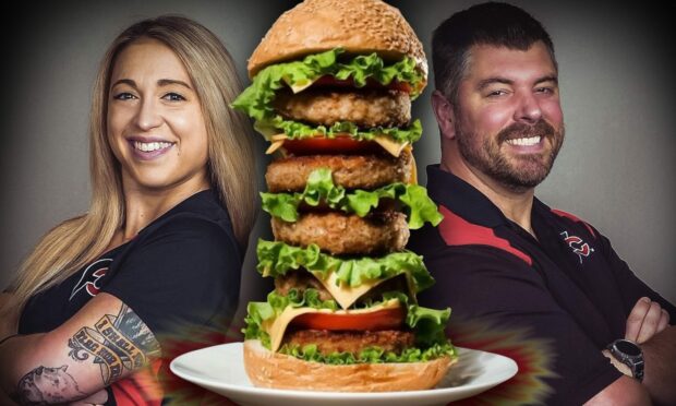To go with story by Karla Sinclair. Professional eaters to take on 'unbeatable' burger challenge in Inverness' Scotch & Rye Picture shows; Randy Santel and Katina Eats Kilos. Scotch and Rye, Inverness. Supplied by Design Date; Unknown