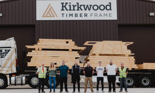 To go with story by Erikka Askeland. Kirkwood Timber Frame celebrates ?12m sales in first year of business Picture shows; Malcolm Thomson, business development director at Kirkwood Timber Frame and team. Sauchen. Supplied by Kirkwood Timbe Frame Date; 06/08/2021