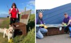 Litter-picker Susan Tait, left, and staff at the Macduff aquarium, right, with their new beach clean boxes.