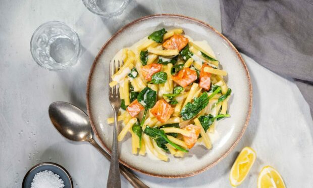 The tasty macaroni with spinach and salmon dish.