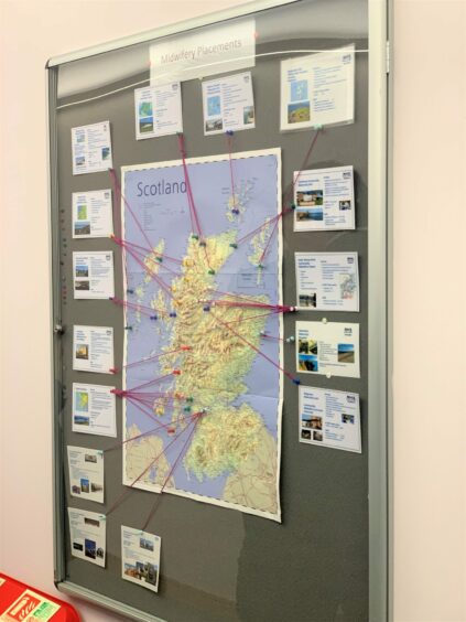 A map illustrates the vast reach of UHI's midwifery programme, part of Jamie Hepburn's UHI tour