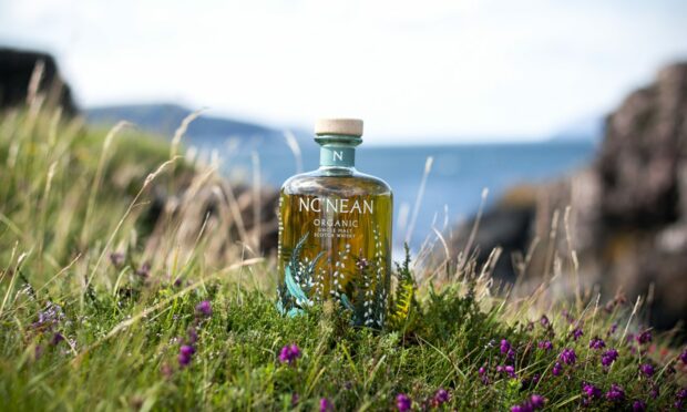 Nc’Nean Distillery bottle opposite the sea.