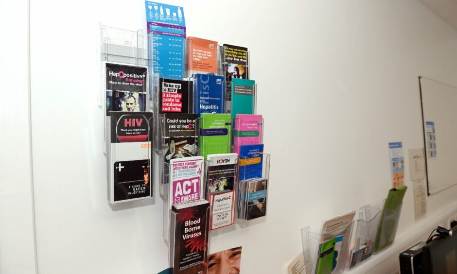 Leaflets within a GP consulting room - one of the many locations used for prison nursing at HMP Grampian.