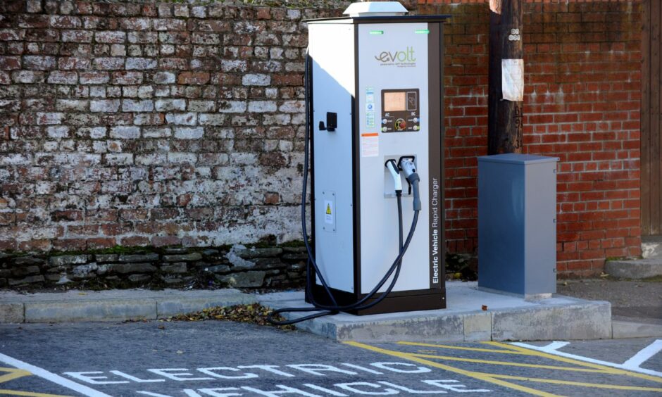 An Electric Vehicle charging point at Laurencekirk town center car park. 
