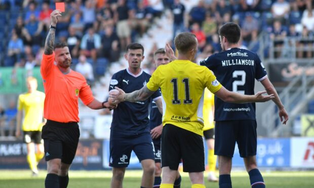 Peterhead's Conor O'Keefe is sent off against Falkirk.