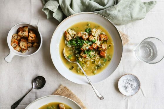 Pea and broad bean risotto soup.