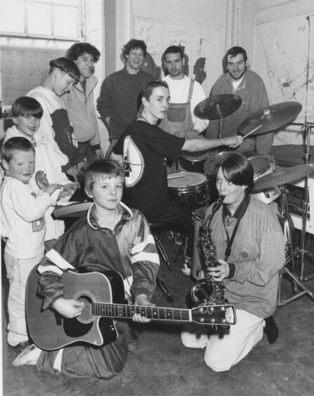 Budding musicians, with their tutors, try out some of the instruments at a music free-for-all held in Aberdeens Powis Community Centre on Saturday as part of the Powis Multi-Arts project, funded by Aberdeen District Council. February 1992