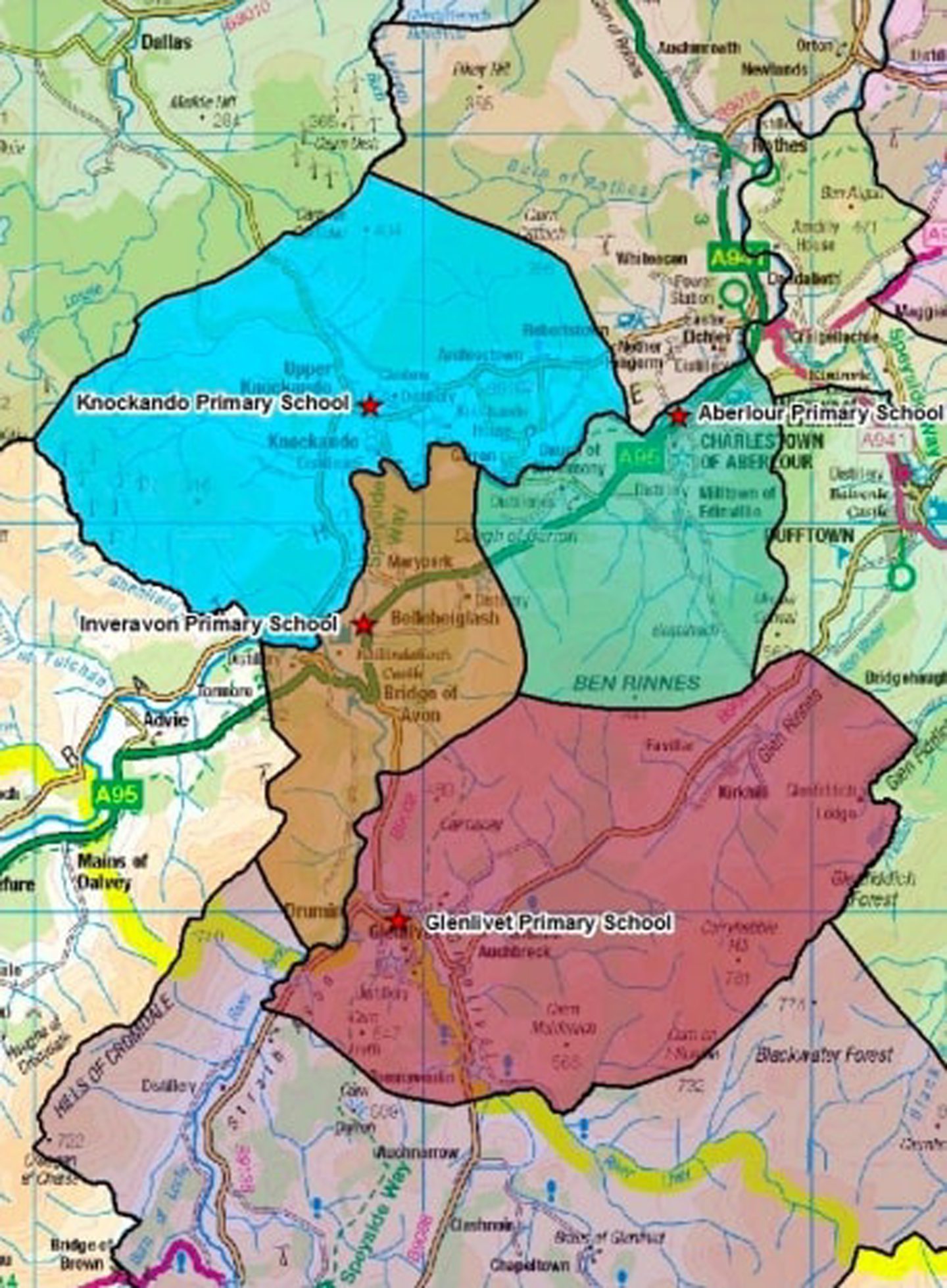A map of the catchment areas for Inveravon, Knockando, Glenlivet and Aberlour Primary Schools.