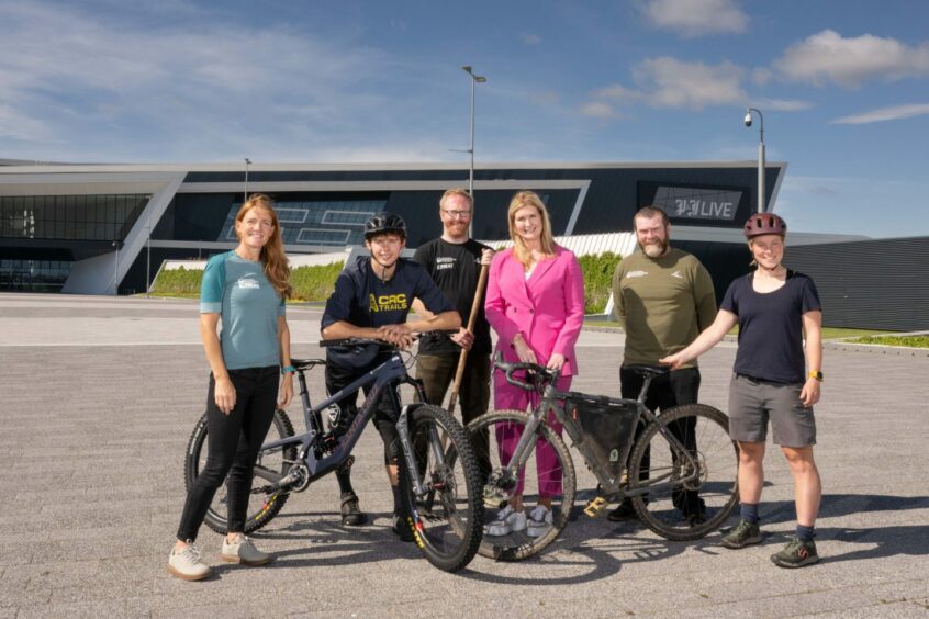  From left to righ: Anna Riddell, Aberdeenshire Mountain Bike & Adventure Tourism development co-ordinator; Calum McBain, downhill and enduro mountain bike racer; Will Clarke, Neat project manager; Jennifer Craw, CEO Opportunity North East;  Graeme McLean, head of DMBinS; and ultra-distance rider Alice Lemkes.