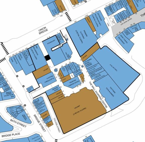 Ellandi's floorplan of the Trinity Centre in Aberdeen. It shows the empty units, including the former Debenhams department store, within. Picture by Ellandi.
