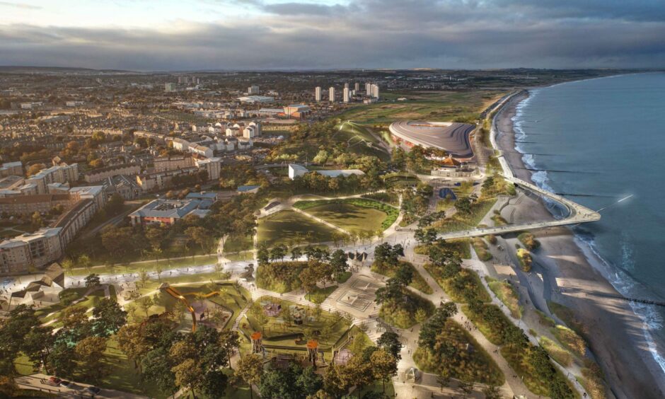 An artist's impression of the Aberdeen beach plans showing the new boardwalk and football stadium to the north. Image: Aberdeen City Council