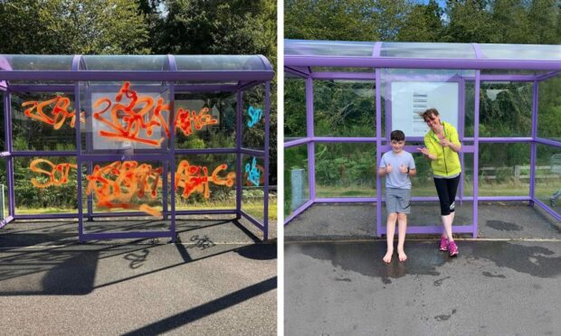 Flynn Williams and his mum Emma Jayne Williams transformed the bus stop. Pictured Flynn Williams and local resident who was impressed with his efforts.