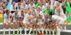 England's Leah Williamson and Millie Bright lift the trophy as England celebrate winning the UEFA Women's Euro 2022 final at Wembley.