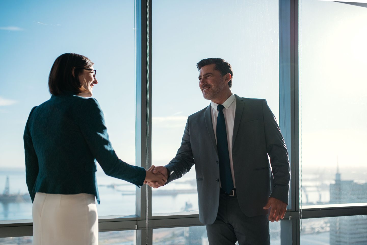 Business woman and business man shaking hands.