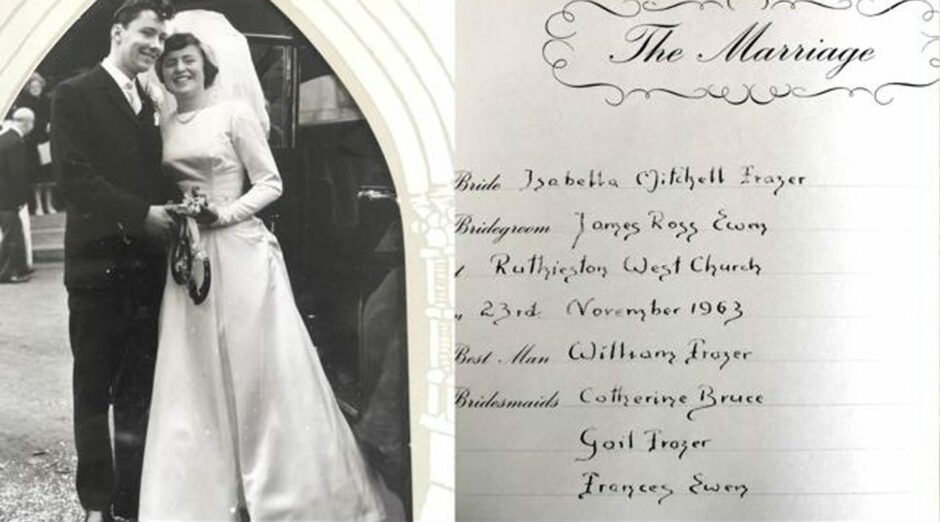 A still from the film, featuring Isabel and Jim Ewan's wedding photo and invitation. Jim stands on the right and Isabel beams at the camera. They are both holding horseshoes. 