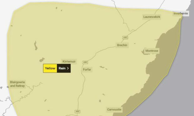 The yellow weather warning covers south Aberdeenshire and goes as far down as Dundee. Supplied by Met Office.