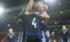 Scotland players celebrate captain Rachel Corsie's goal against Hungary. Image: Colin Poultney/ProSports/Shutterstock (12550062ci)