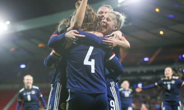 Scotland players celebrate captain Rachel Corsie's goal against Hungary. Image: Colin Poultney/ProSports/Shutterstock (12550062ci)