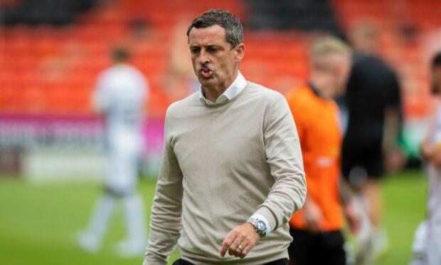 DUNDEE, SCOTLAND - AUGUST 07: Dundee Utd manager Jack Ross looks dejected at full-time during a cinch Premiership match between Dundee United and Livingston at Tannadice Stadium, on August 07, 2022, in Dundee, Scotland.  (Photo by Mark Scates / SNS Group)