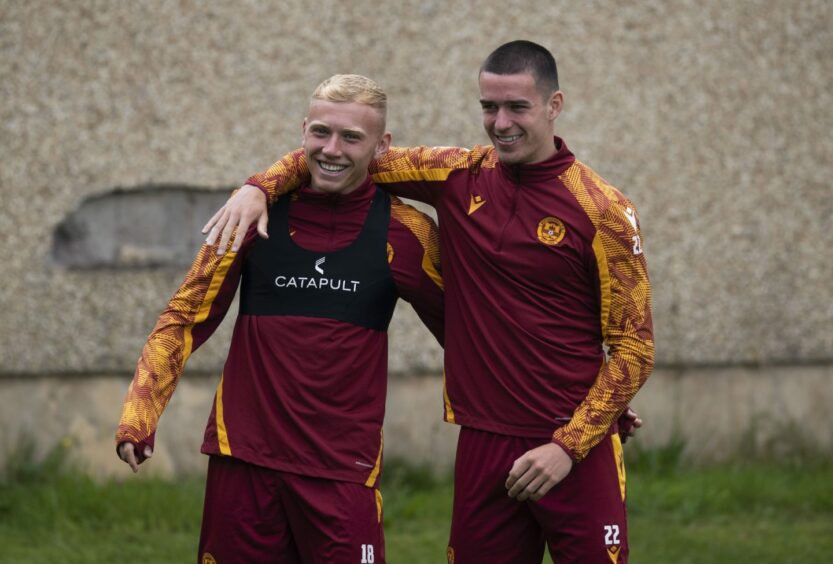 Dean Cornelius and Max Johnston during a Motherwell training session.