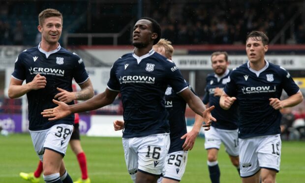 Dundee's Zach Robinson celebrates after his terrific strike in the recent 3-0 home league win against Queen's Park.