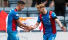 Cammy Harper, left, is congratulated by Caley Thistle team-mate David Carson after levelling at Dundee.