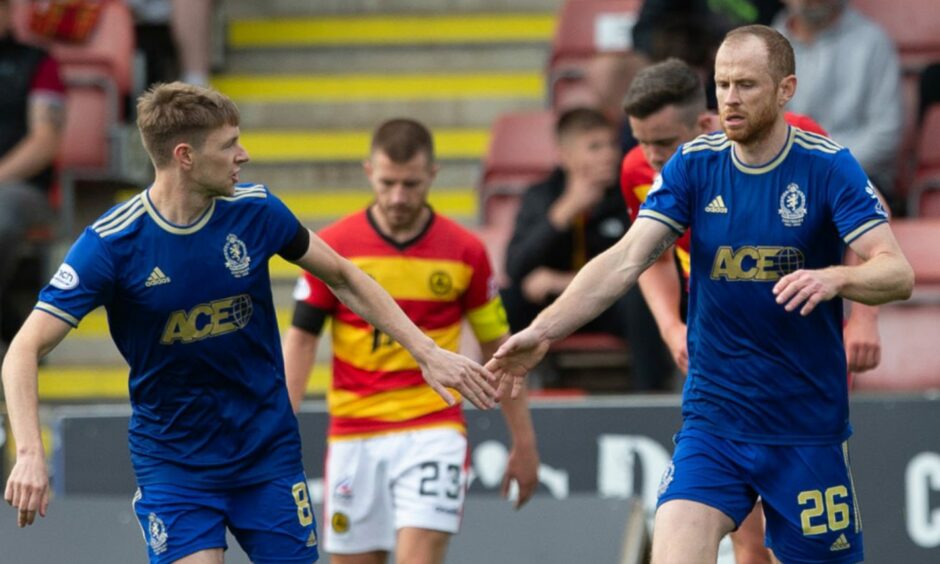 Mark Reynolds (R) celebrates scoring for Cove Rangers against Partick Thistle with teammate Blair Yule. Image: SNS