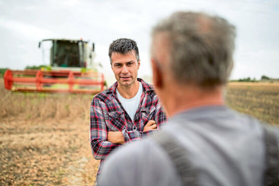 Two farmers chat during harvest