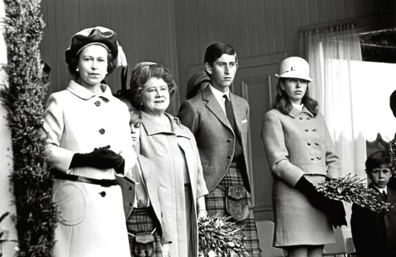 Prince Andrew, the Queen Mother, Prince Charles and Princess Anne, watching the annual games at the Braemar Royal Highland gathering in 1968