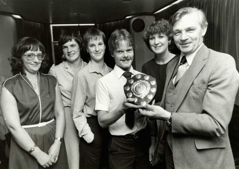 Staff of the Bieldside Inn, who raised money for a blindness charity in September of 1982