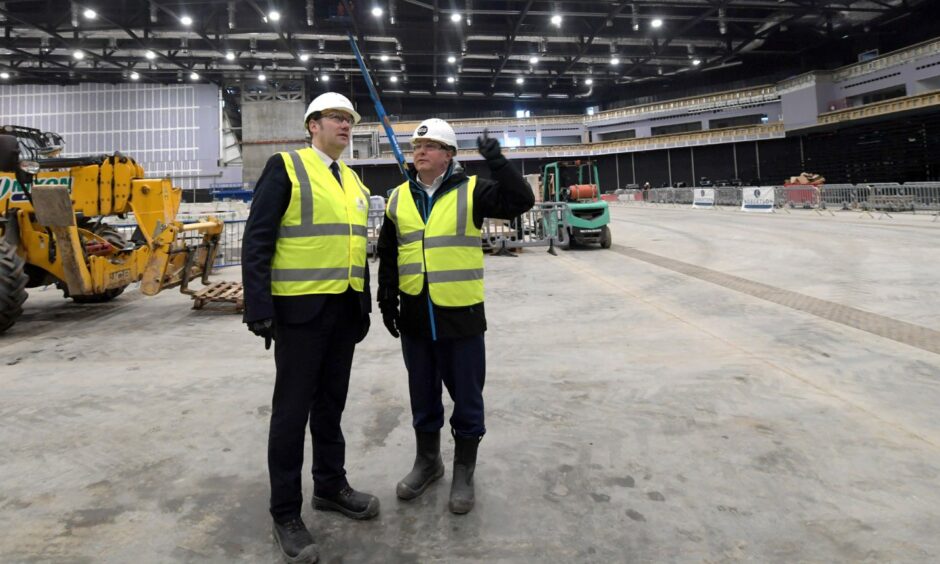 Conservative north-east MSP Douglas Lumsden - then co-leader of Aberdeen City Council - in a hard hat and hi viz gear on a tour of the P&J Live site in 2019. Image: Kath Flannery/DC Thomson.