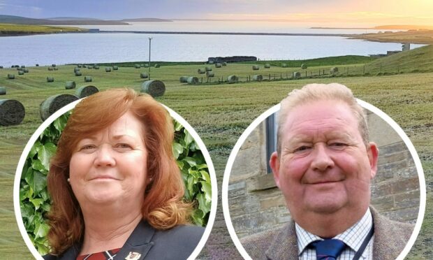 To go with story by Andrew Stewart. Two new councillors talk about problems and solutions at the Churchill barriers Picture shows; The first churchill barrier and councillors. Orkney. Andrew Stewart/DCT Media Date; Unknown