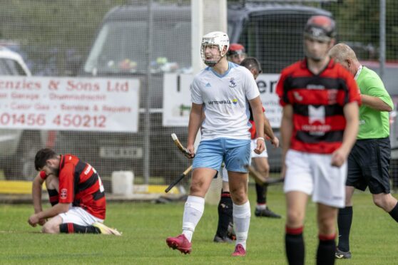 Ross Gordon celebrates the opening goal for Skye against  Glenurquhart.