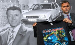 Murdered Aberdeen taxi driver George Murdoch (left) and Detective Inspector James Callander (right) with a replica T-shirt from the latest police appeal