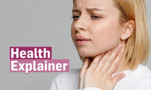 Woman with thyroid problem holding onto her throat with both hands in pain next to the 'health explainer' logo