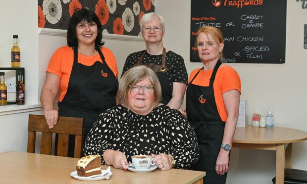 Traffords is top for welcoming coffee in Turriff. Pictured L-R: Gail Mair (barista), Caroline Donald (chef), Grace Christie (barista) and bottom Marjory Chalmers (owner). Pictures by JASON HEDGES.