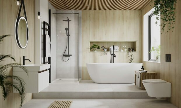 A Japandi-style bathroom incorporates natural elements as well as calming colours.