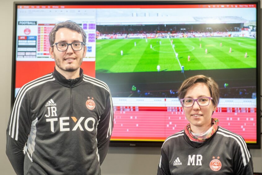 Aberdeen FC's now-departed performance analysis team, brother and sister Jordi and Marta Rams, pictured at Cormack Park. Image: Kami Thomson/DC Thomson.