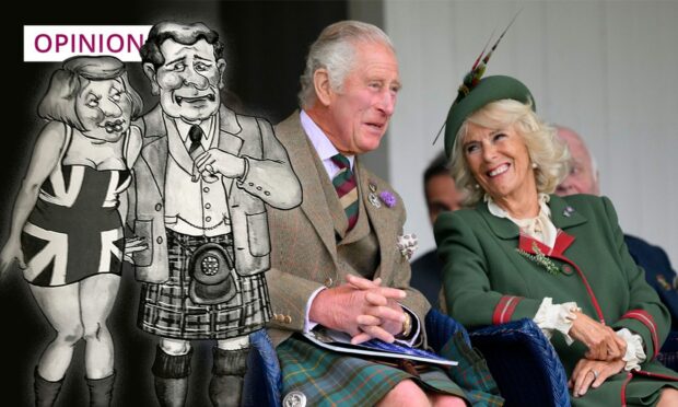 Helen Hepburn's original cartoon depicting when Moreen met Prince Charles in the 1990s, and King Charles with Queen Consort Camilla (Images: Helen Hepburn and Tim Rooke/Shutterstock)