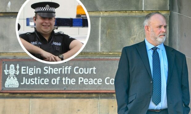 Scott Gallop outside Elgin Sheriff Court and, inset, on duty in 2008.