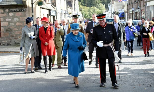 Her Majesty The Queen visiting Ballater in September 2016, to meet with people and businesses whose properties were impacted by Storm Frank flooding.