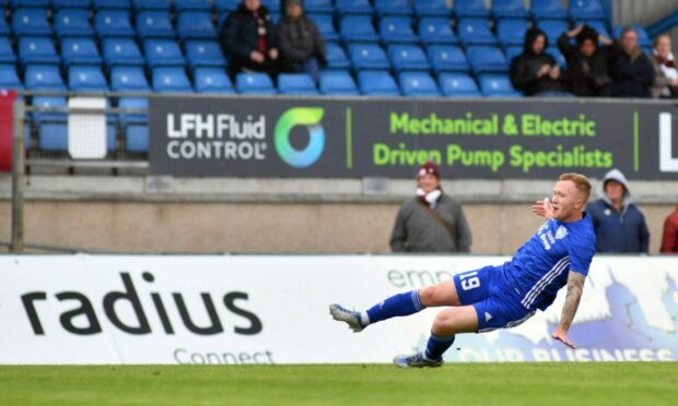 Conor O'Keefe nets for Peterhead against Kelty Hearts. O'Keefe is a former Elgin player.