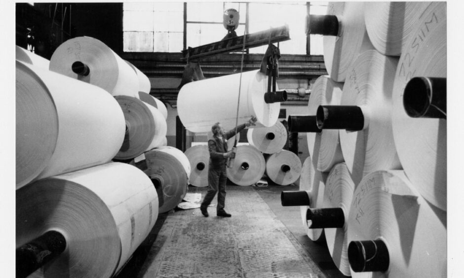 Rolls of paper at Stoneywood mill, now plunged into financial crisis for the second time in three years. Picture taken in 1988 by Aberdeen Journals.