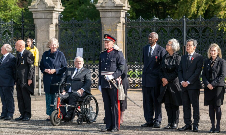 Lord Lieutenant David Cameron awaiting the Queen's cortege at the gates of Duthie Park. Picture by Jasperimage.