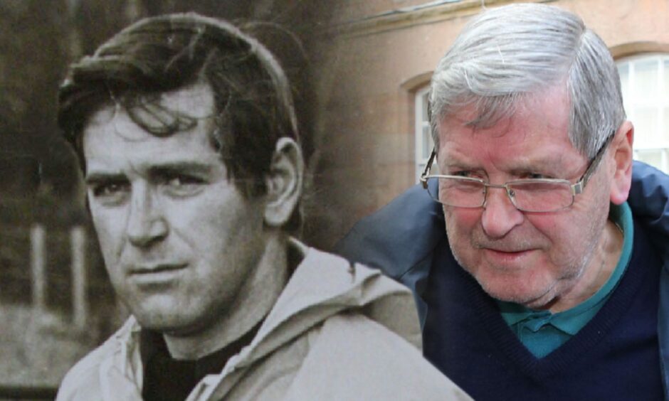 A black and white image of a young Bill MacDowell and a colour photo of him now