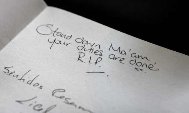 A message in a book of condolence for the Queen at Glamis Castle. Picture by Steve Brown