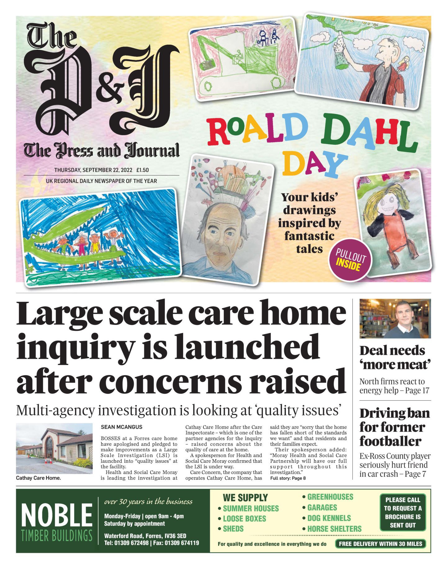 The Press and Journal front page from September 22. The main headline reads: Large scale care home inquiry is launched after concerns raised
