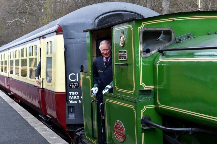 The Prince Charles. Duke of Rothesay visited the restored railway carriage at the Royal Deeside Railway Preservation Society at Milton of Crathes.