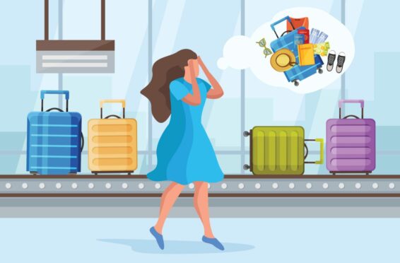 Lost suitcase flat composition with airport baggage claim area with reel and character of distressed woman vector illustration; Shutterstock ID 1421148434; purchase_order: ; job:
